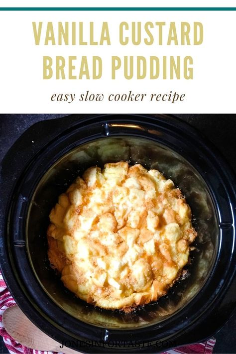 This vanilla custard bread pudding is an easy slow cooker dessert that is quick to make and delicious comfort food. Bread Pudding Slow Cooker, Crockpot Bread Pudding Easy, Slow Cooker Bread Pudding Recipes, Crockpot Tapioca Pudding, Crockpot Custard Recipe, Slow Cooker Custard, Crockpot Bread Pudding Slow Cooker, Bread Pudding In Crockpot, Crockpot Christmas Desserts