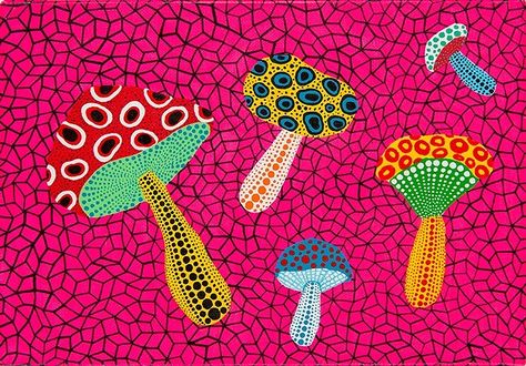 Yayoi Kusama (1929- ) - 1995 Mushrooms (Private Collection) | by RasMarley Yayoi Kusama Pumpkin, Alice In Wonderland Illustrations, Pop Art Movement, Action Painting, Yayoi Kusama, Mushroom Art, Feminist Art, Arte Pop, Japanese Artists