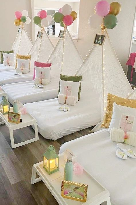 Take a look at this beautiful princess Tiana sleepover! The teepees are so cute! See more party ideas and share yours at CatchMyParty.com Princess Tiana Sleepover, Princess Sleepover Party, Tiana Birthday Party Ideas, Princess Tiana Birthday Party Ideas, Glam Sleepover, Kids Sleepover Ideas, Slumber Party Crafts, Movie Sleepover, Tent Sleepover