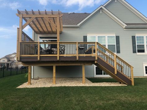 Raise Deck Ideas, Deck With Wall, High Elevation Deck With Patio, Half Privacy Wall On Deck, Split Level Home Deck Ideas, Deck With Privacy Wall And Pergola, Second Story Deck Privacy Ideas, Privacy On Deck Ideas, Simple Deck Off Back Of House