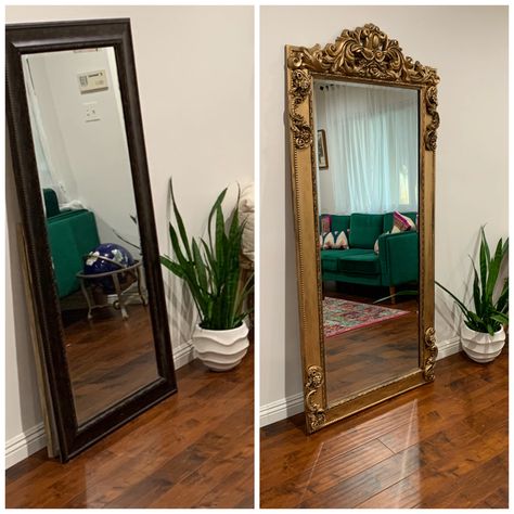 I took an old, boring floor length mirror and turned it into a gold ornate mirror for under $90 using wood onlays and antique gold Rub N’ Buff. Diy Floor Mirror Frame, Diy Floor Mirror, Mirrors Diy, Spiegel Diy, French Baroque, Floor Length Mirror, Mirror Frame Diy, Deco Studio, Ornate Mirror