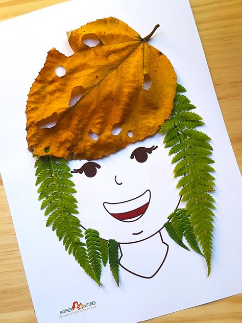 Free printable: Your kids will ADORE this nature head collage Construction Theme Preschool, Leaf Art Diy, September Crafts, Autumn Leaves Craft, Preschool Crafts Fall, Leaf Projects, Nature Craft, Art Activities For Toddlers, Nature Collage