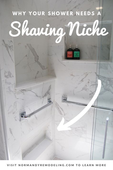 create a shaving niche in the shower Shower Niche Ideas For Shaving, Low Shower Niche, Shower Niche For Shaving, Marble Shower With Niche, Shower Shaving Niche, Shower Shaving Niche Foot Rest, Dream Restroom, Shaving Niche, Shower Niche Tile Ideas