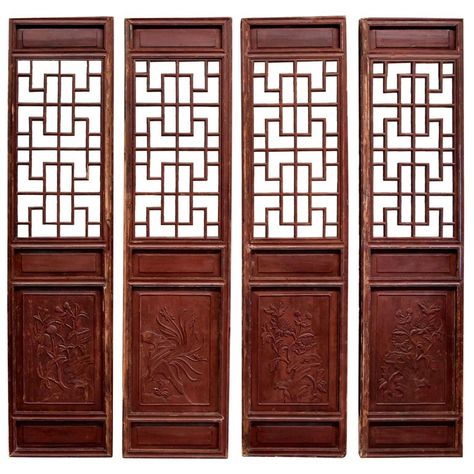 Chinese Antique Screens, Set Of 4, Blooms And Longevity Chinese Doors Traditional, Chinese Door Design, Tea Room Interior Design, Asian Garden Japanese Style, Chinese Interior Design Traditional, Shop Decoration Ideas, Tea Room Interior, Chinese Lattice, Chinese Tea Room