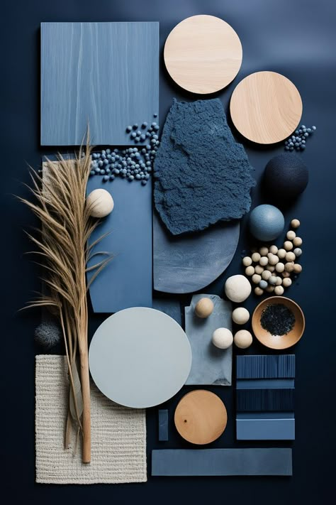 Mood Board Color Palettes Inspiration, Colour Palette Inspiration Interiors, Mood Board Blue Interior Design, Japandi Blue Interior, Blue Material Board, Blue And Beige Interior, Navy Blue Mood Board, Office Mood Board Interior Design, Material Mood Board Interior Design