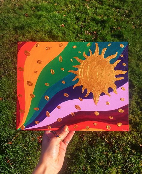 Lesbian Painting Ideas Simple, Pride Painting Ideas On Canvas, Pride Paintings Ideas, Trippy Rainbow Art, Sun Painting Acrylic, Pride Paintings, Silly Crafts, Pride Decor, Jacket Art