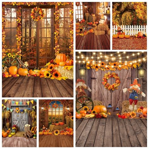 Autumn Backdrop Photography Fall Forest Farm Barn Pumpkins Maple Leaves Haystack Wood Floor Baby Autumn Backdrop, Autumn Farm, Forest Farm, Pumpkin Harvest, Fall Forest, Backdrop Photography, Thanksgiving Pumpkin, Farm Barn, Baby Portraits