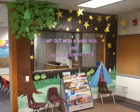 Camp Out With A Good Book Reading Corner, Reading Under The Stars Literacy Night, Camp Out With A Good Book, Reading Under The Stars, Camp Read A Lot, Classroom Bookshelf, Camp Classroom, Sunday School Room Decor, Classroom Camping