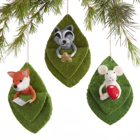 Wool Woodland Animals In Leaves Ornament Set Of 3 by World Market Danish Christmas, Wool Felting, Handcrafted Ornaments, Leaf Ornament, Unique Christmas Ornaments, Diy Ornaments, Etsy Ideas, Pill Bottles, Walnut Shell