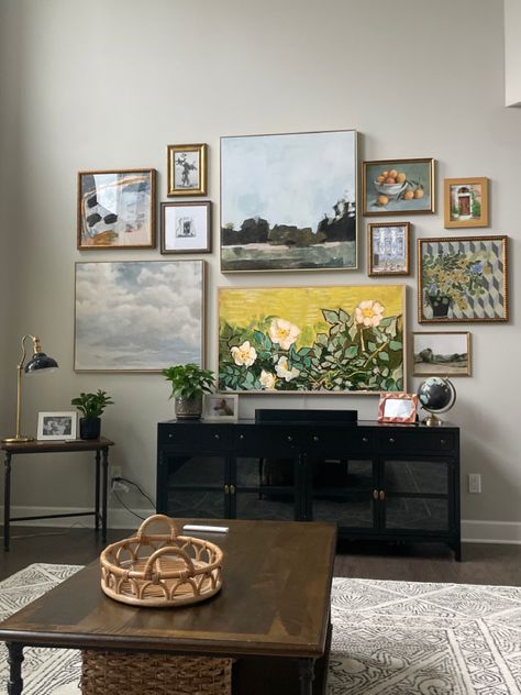 Picture Over Tv, Gallery Wall Around A Tv, Tv Frame Gallery Wall, Classy Tv Wall, Gallery Wall Frame Tv, Gallery Wall Above Fireplace, Tv Wall Layout, Gallery Wall With Frame Tv, Samsung The Frame Gallery Wall