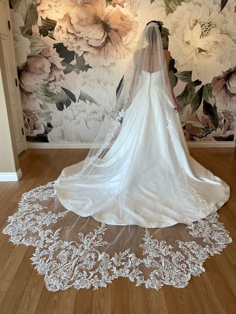 Cathedral length lace veils are the perfect addition to any classic gown! Simple Wedding Dress With Cathedral Veil, Cathedral Veil With Ball Gown, Classic Wedding Dress With Veil, Satin Wedding Dress With Lace Veil, Wedding Cathedral Veils, Simple Wedding Dress With Long Veil, Lace Veil Cathedral, Wedding Veil Inspiration, Veils Bridal Long