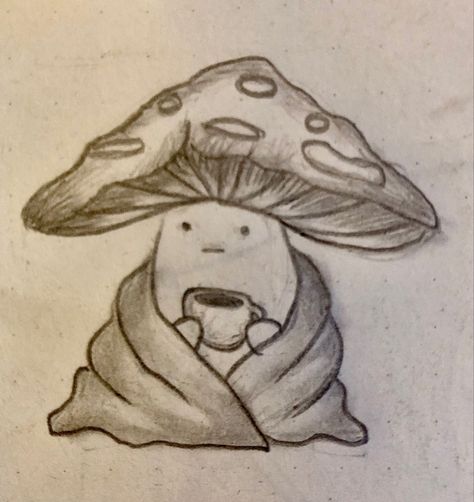 Cute Drawing Reference Photos, Mushroom Soup Drawing, Fantasy Mushroom Drawing, Goblincore Drawing Ideas, Gnome Drawing Ideas, Fuzzy Drawing, Cute Drawings Mushroom, Mushroom Aesthetic Drawing, Mashrooms Drawing Indie Easy