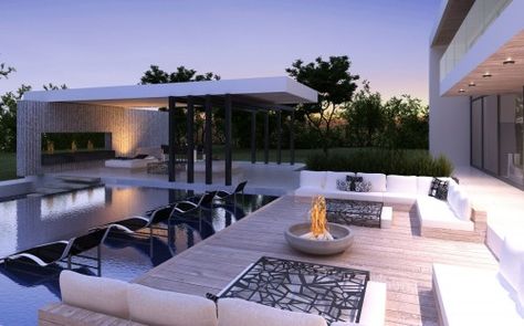 wow, what an outdoor entertainment area... Pool Entertainment Area, Floating Roof, Modern Pool, Modern Outdoor Kitchen, Outdoor Entertainment, Casa Patio, Modern Pools, Entertainment Area, Outdoor Entertaining Area