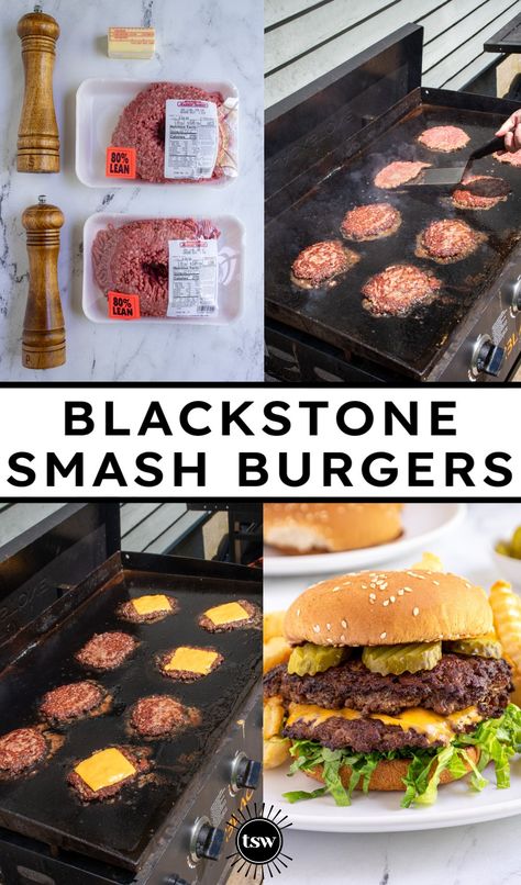 Blackstone Burgers And Sides, Black Stone Burgers, Black Stone Smash Burgers, Smashburgers On Blackstone, Blackstone Burger Recipes, Blackstone Smash Burger Recipe, Smash Burgers On Blackstone, Blackstone Smash Burger, Easy Blackstone Recipes