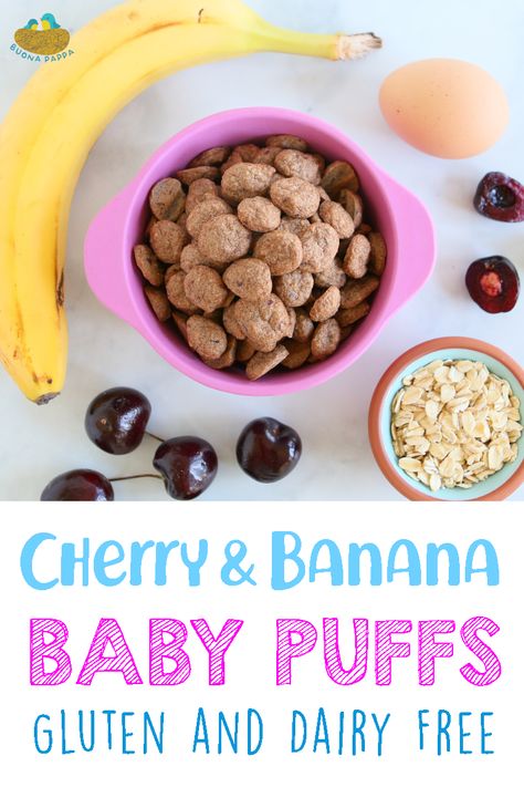 Homemade Cherry Banana Baby Puffs - Gluten and Dairy Free. Recipe instructions and many tips on how to prepare your homemade puffs. Diy Puffs Baby Food, Dairy Free Baby Snacks, Homemade Baby Puffs Recipes, Homemade Snacks For Babies, Baby Puffs Recipe Homemade, Banana Baby Food Recipe, Homemade Puffs For Baby, Diy Baby Snacks, Dairy Free Baby Led Weaning