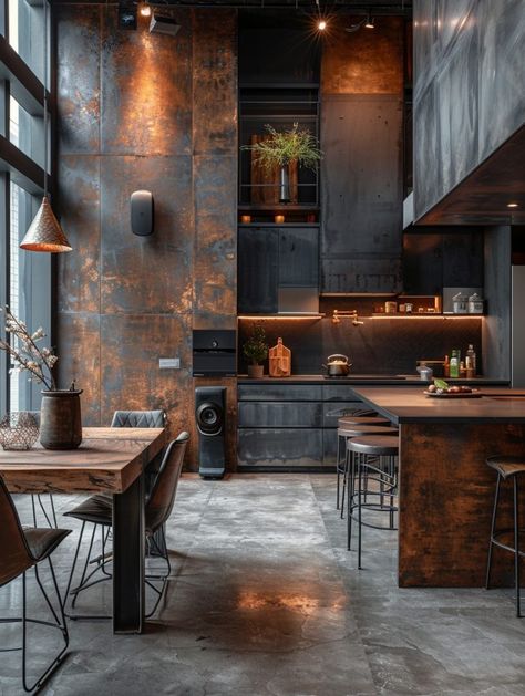 Living Room Designs Urban Modern, Metal Industrial Furniture, Modern Industrial Flooring, Industrial Loft Lighting, Urban Industrial Kitchen, Rustic Loft Apartment, Industrial Interior Design Kitchen, Modern Industrial Loft Apartment, Rustic Industrial Kitchen Design