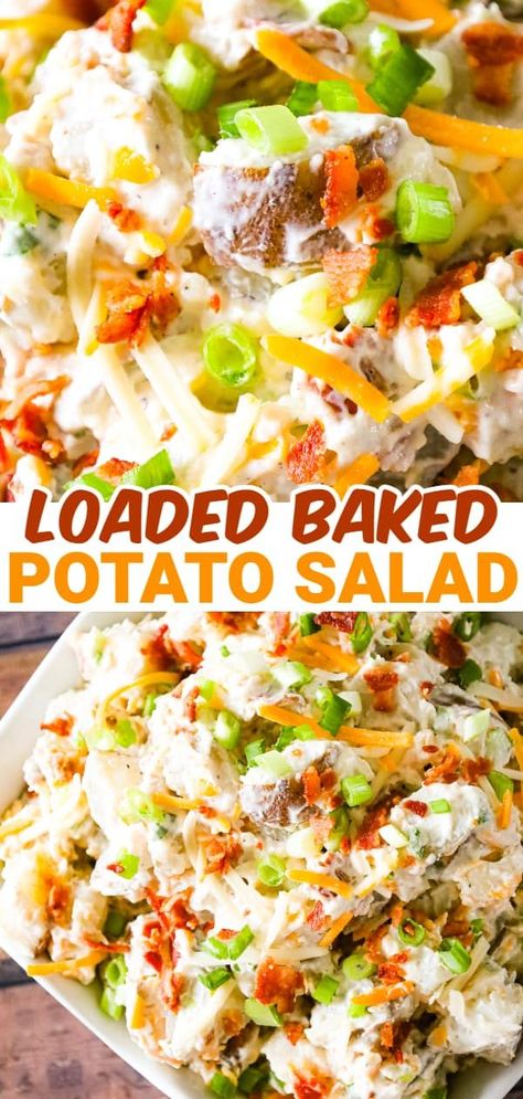 Loaded Baked Potato Salad is a delicious cold side dish recipe made with russet potatoes and loaded with mayo, sour cream, crumbled bacon, cheddar cheese and chopped green onions. Potato Salad With Peppers, Russet Potato Main Dish Recipes, Easter Cold Side Dishes, Potato Salad With Peas, Twice Baked Potato Salad, Russet Potato Salad, Baked Potato Rounds, Baked Potato Salad Recipe, Russet Potato Recipes