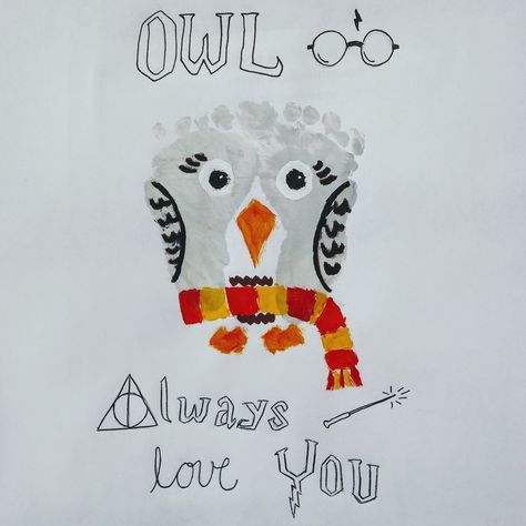 my own original...  OWL Always Love You Harry Potter Hedwig Footprint Art Footprint Winter Crafts, Owl Always Love You Craft, Harry Potter Mothers Day, Harry Potter Handprint Art, Harry Potter Footprint Art, Harry Potter Preschool Activities, Harry Potter Arts And Crafts For Kids, Owl Footprint Art, Owl Always Love You