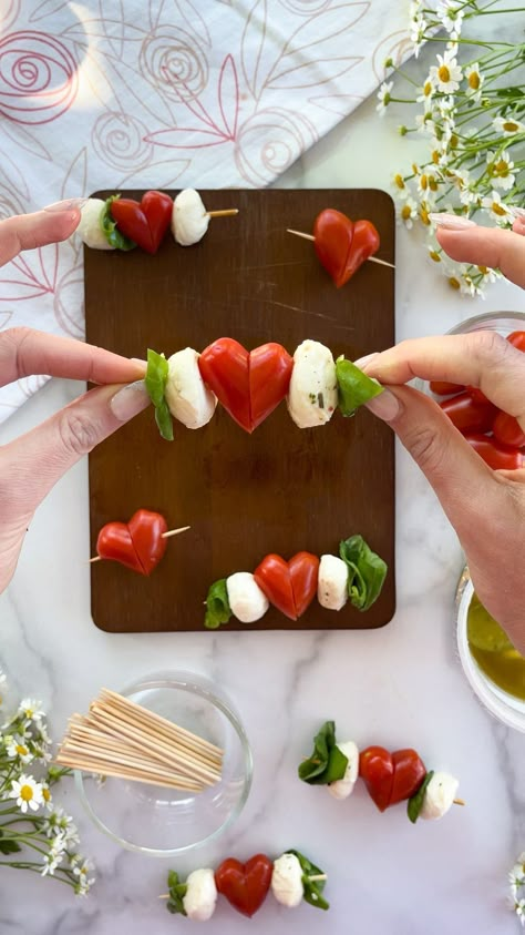 Valentines Tomato Mozzarella, Heart Caprese Skewers, Valentine’s Charcuterie, Valentines Day Cheese Board, Valentines Day Snack Board, Valentine Cheese Board, Mozzarella Tomato Basil Skewers, Valentines Day Engagement Party, Valentine Engagement Party