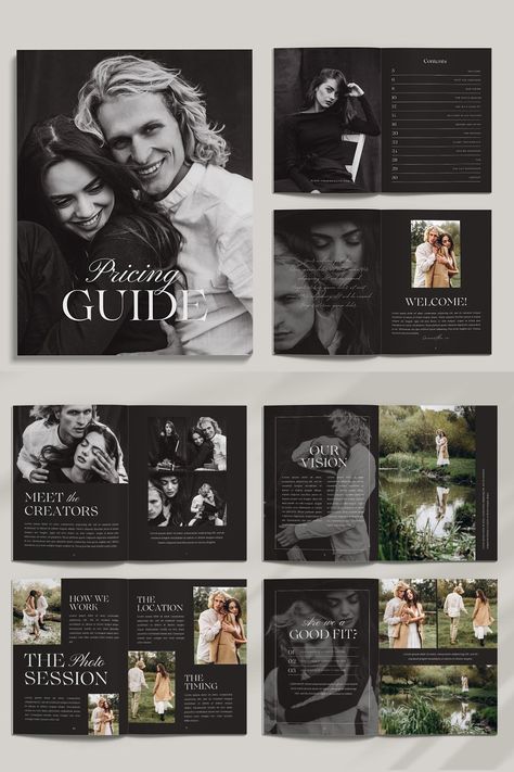 32-page Photography Client Welcome Guide and Session Pricing Magazine template for CANVA. You can use this template to create photography session guide magazines, wedding + engagement package pricing guides, wedding portfolio albums, Client welcome packets, couples booklets and marketing brochures. This template is perfect for wedding, family and couples photographers, is editable online in CANVA and comes in US letter and A4 sizes. Wedding Magazine Template, Wedding Pricing Guide, Wedding Brochure, Marketing Brochure, Welcome Packet, Pricing Guides, Wedding Portfolio, Photography Pricing, Wedding Prices