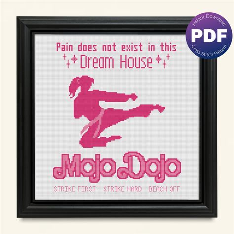 Barbie, Cobra Kai, Karate Kid inspired cross stitch pattern - Dream House Dojo, Parody, Crossover, PDF instant download 123 Stitch, Karate Kid Movie, Easy Cross Stitch Patterns, Dmc Embroidery Floss, Simple Cross Stitch, Karate Kid, Embroidery Craft, Stitch Design, Embroidery Floss