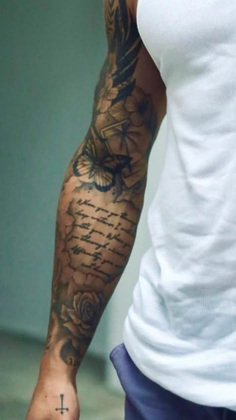 Script Sleeve Tattoo, American Sleeve Tattoo Men, Men Tattoo Ideas Forearm, Men Forearm Tattoos Sleeve, Upper Arm Tattoo Men Half Sleeves, Inside Forearm Tattoo Men Sleeve, Inside Arm Tattoo Men, 2004 Tattoo, Forearm Tattoo Men Sleeve