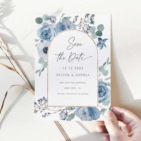 $2.92 | Dusty blue floral gold arch Save the date #elegant, wedding, dusty blue, floral, watercolor, eucalyptus, save the date, gold foil, arch, calligraphy Wedding Dusty Blue, Funny Save The Dates, 2025 Wedding, Blue Bridal Shower, Rustic Save The Dates, Watercolor Eucalyptus, Floral Save The Dates, Date Invitation, Blue Theme