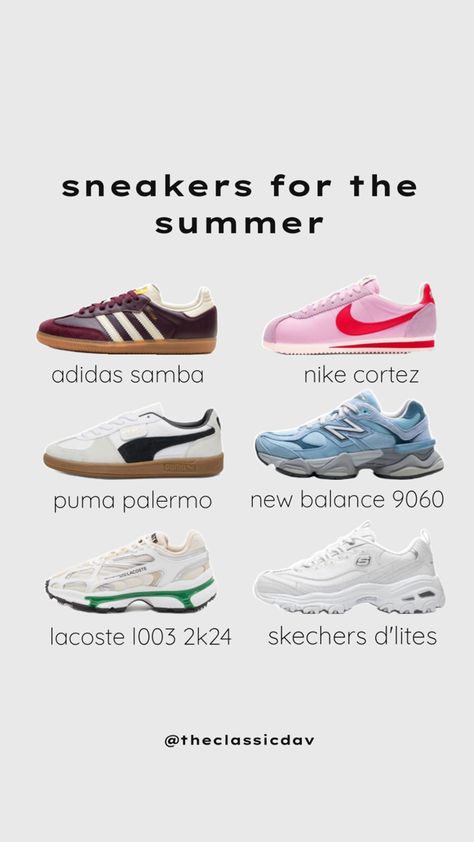 sneakers, summer trends, adidas samba, nike cortez, puma palermo, new balance 9060, lacoste l003 2k24, skechers d'lites Puma Palermo, Skechers D Lites, New Balance 9060, Tennis Sneakers, Nike Cortez, Summer Trends, Adidas Samba, Palermo, Fitness Inspo