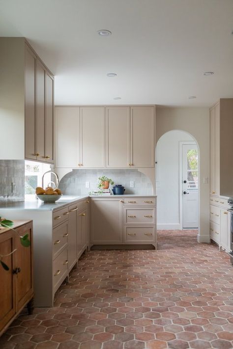 Farmhouse Bathroom Floor Ideas, Kitchen With Terracotta Floor, Terracotta Kitchen Floor, Farmhouse Bathroom Floor, Bathroom Floor Ideas, Tall Cabinets, Spanish Kitchen, Glendale California, Jonathan Taylor