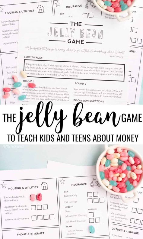 'The Jelly Bean Game' is a fun way to teach kids about money. Helping kids and teens learn how to manage a budget is so important and this money management game makes it easy to understand! #budgeting #moneymanagement #teachkidsaboutmoney #budgetinglesson #teenbudgetinglesson #thejellybeangame #thebeangame #budgetinggame #moneymanagementgame #money #budget #budgetingideas #homeschool #teaching #finance Fun Budgeting Activities, Teaching Budgeting To Teens, Teaching Kids About Money, Budgeting For Teens, Teaching Kids Money Management, Financial Literacy For Kids, Money Games For Kids, Jelly Bean Game, Kids Money Management