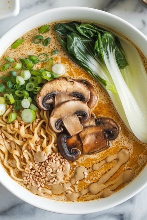 A photo of a  Vegan Sesame Ramen a Vegan Ramen Vegan Mushroom Ramen, Asian Soup Vegetarian, Easy Ramen Recipes Vegetarian, Asian Dishes Vegetarian, Vegan Broth Recipe, Vegan Asian Food Recipes, Ramen Noodle Recipes Vegetarian, Vegetarian Ramen Recipes, Ramen Mushroom