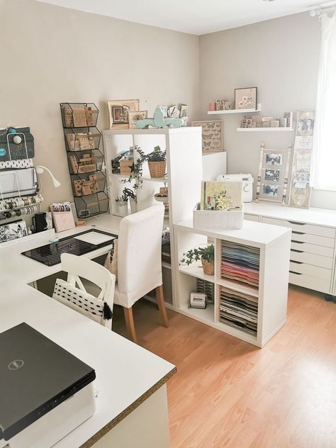 29 Unique Home Office Workshop Ideas for Inspired Productivity - placeideal.com Home Office And Art Studio Combo, His And Her Shared Office Space, Office For 2 People Interior Design, Home Office And Craft Room Combo Ikea, Work From Home Office For Two, Creative Room Ideas Office, Study Craft Room, Bedroom With Craft Area, Two Office Desks In One Room