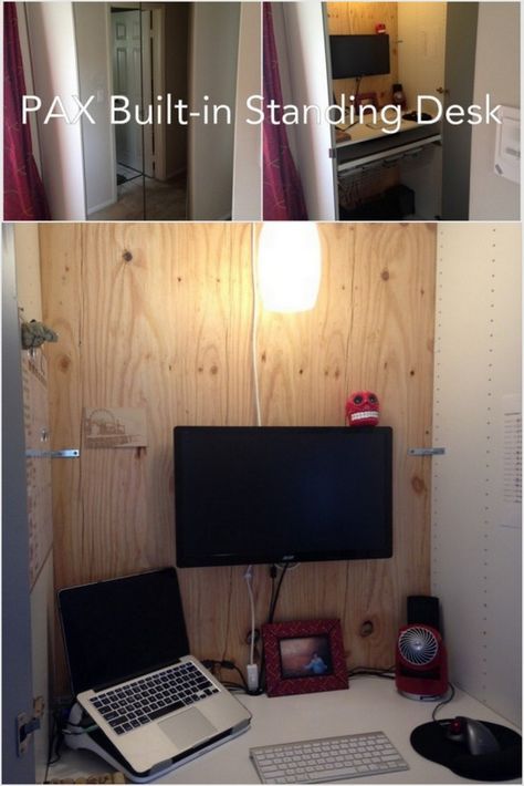 A Standing Desk Built into the PAX wardrobe - IKEA Hackers - IKEA Hackers Ikea Tall Desk, Ikea Pax Cloffice, Ikea Pax Desk Hack, Pax Desk Hack, Ikea Pax With Desk, Diy Cubby, Ikea Standing Desk, Wardrobe Ikea, Cloffice Ideas