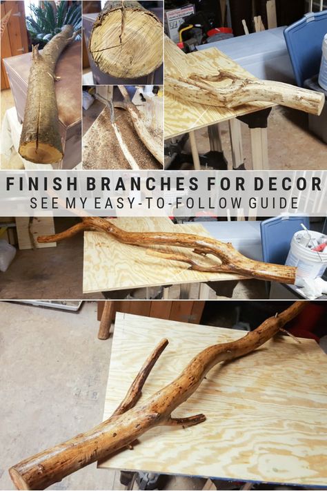 Learn how to strip, finish, and seal branches for decor in your home #diy #rustic #branches Branches For Decor, Wood Branch Decor, Tree Branch Decor Diy, Tree Branch Crafts, Backyard Lighting Diy, Branch Furniture, Katt Diy, Decorative Branches, Tree Branch Decor