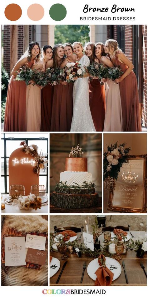 Bronze Wedding Theme, Brown And White Wedding, Bronze Bridesmaid Dresses, Fall Bridesmaid Dress Colors, Brown Wedding Dress, Copper Bridesmaid Dresses, Brown Wedding Themes, Brown Bridesmaid Dresses, Fall Wedding Bridesmaids