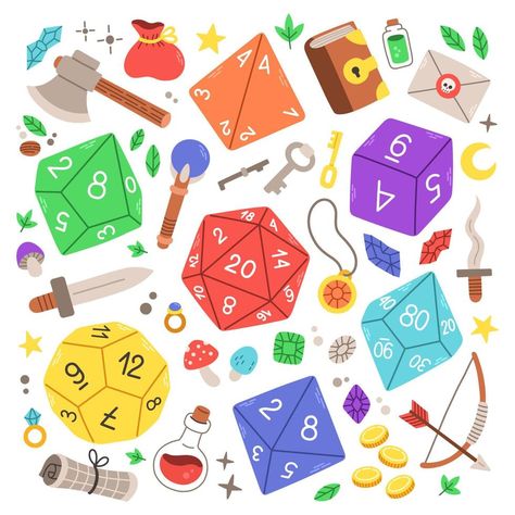 Dnd Table, D20 Dice, Rpg Dice, Game Illustration, Dnd Dice, Dnd Art, Flat Illustration, Planner Bullet Journal, Table Games