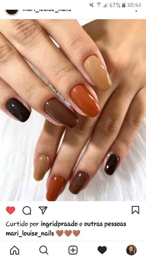 Fall Nails 2022 Multiple Colors, Fall Nails Multiple Colors, Terra Cotta Nails Design, Autumn Nails Colors Orange, Fall Color Palette Nails, Autumn Color Nails, Rust Nails Design, Multi Coloured Nails, Cool Nail Polish