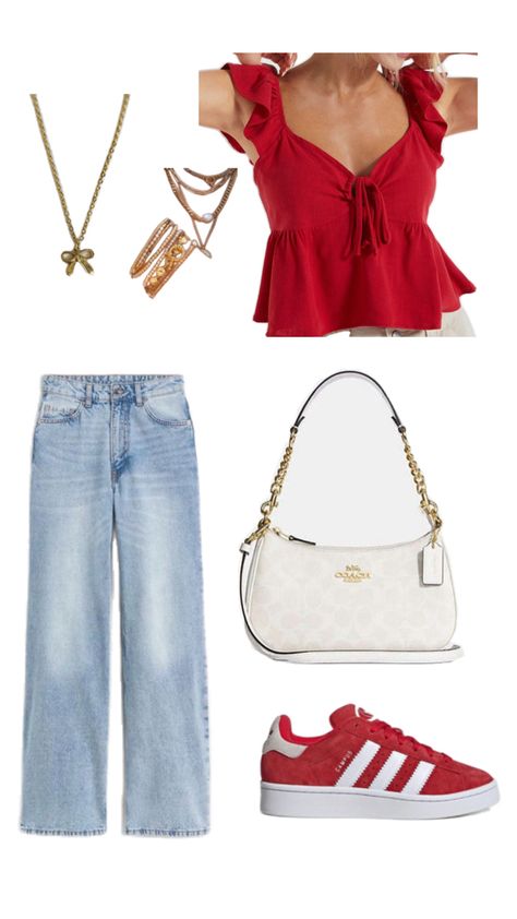 red casual outfit Cute Red Shirt Outfits, Red Outfit Inspo Aesthetic, Cute Red Outfits Aesthetic, Red Lipstick Outfit Casual, Red Tshirt Outfit Women, Red Shirt Outfit Ideas, Red Outfits Casual, Red Casual Outfit, Red Summer Outfits