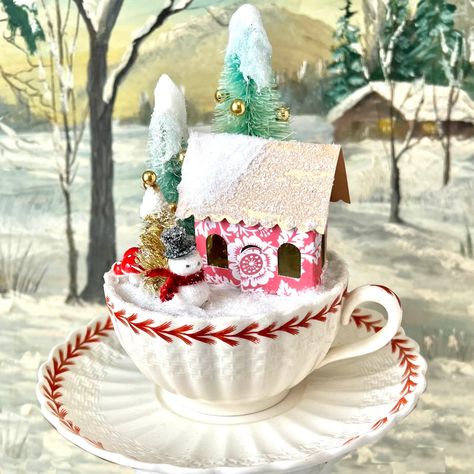 ALMOST GONE! Make this cozy cottage nestling in a gorgeous antique, Spode English teacup. The prettiest little scene you can imagine, compete with a tiny snowman standing outside a tiny paper cottage, surrounded by dyed bottle brush trees, a metallic mylar tree covered in glass glitter snow.  Everything you need to mak Christmas Teacup Crafts, Teacup Ideas, Teacup Art, Tiny Snowman, Business Crafts, Flora Frame, Teacup Crafts, Holiday Tea, Wood Snowman