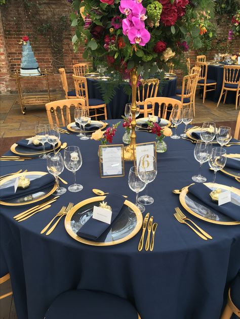 Navy Blue Party Decorations For Men, Navy Blue And Gold Reception Decor, Navy Blue And Gold Table Setting, Royal Blue And Gold Table Setting, Navy And Gold Table Decor, Blue And Gold Dinner Party, Navy Blue And Gold Quinceanera Theme, Navy Blue Table Decor, Royal Blue Table Setting