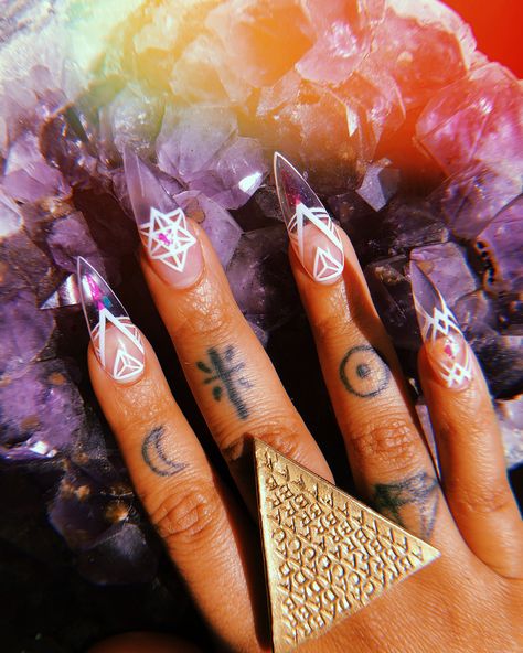 Bri Luna on Instagram: “My clear sacred geometry nails  are so fihhhhhhh and worth the wait! @impekablenails is truly everything.😭🌈😘💅🏾🔥” Geometry Nails, Modern Mystic, Finger Tattoo For Women, Everyday Magic, Tattoos For Lovers, New Tattoo, Tattoo Inspo, Finger Tattoos, Gorgeous Nails