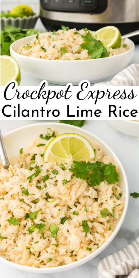 Skip the take-out line and make Crockpot Express Cilantro Lime Rice at home in minutes. The bright flavors pair perfectly with burritos, tacos, fajitas, beans and more! via @nmburk Cilantro Lime Rice In Crockpot, Slow Cooker Cilantro Lime Rice, Cilantro Lime Rice Crockpot, Crock Pot Mexican Rice, Crockpot Express Recipes, Cilantro Lime Chicken Crock Pot, Crockpot Rice, Chicken And Rice Crockpot, Rice In Crockpot