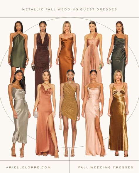 If you have a fall wedding coming up, check out some of these fall wedding guest dresses! I love that they're a silky satin fabric, they almost look metallic. Make a statement without showing up the bride in one of these dresses this fall. Tap to shop! Guests Wedding Dresses, Fall Dresses Wedding Guest, Wedding Dress Guests, Dress To Wedding As A Guest, October Wedding Guest Dress Fall Classy, Fall Wedding Guest Colors, Wedding Guest Dress Colors, Wedding Dress Ideas For Guest, Wedding Guest Color Dress Code