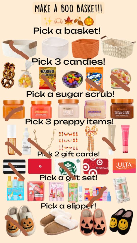 Make boo basket! Make Your Boo Basket, Boo Basket List Ideas, Make Your Own Boo Basket, Boo Basket Inspo For Friends, Things To Put In Boo Basket, Build A Boo Basket, Boo Baskets For Best Friend, Fall Gift Baskets Ideas, Fall Boo Basket Ideas