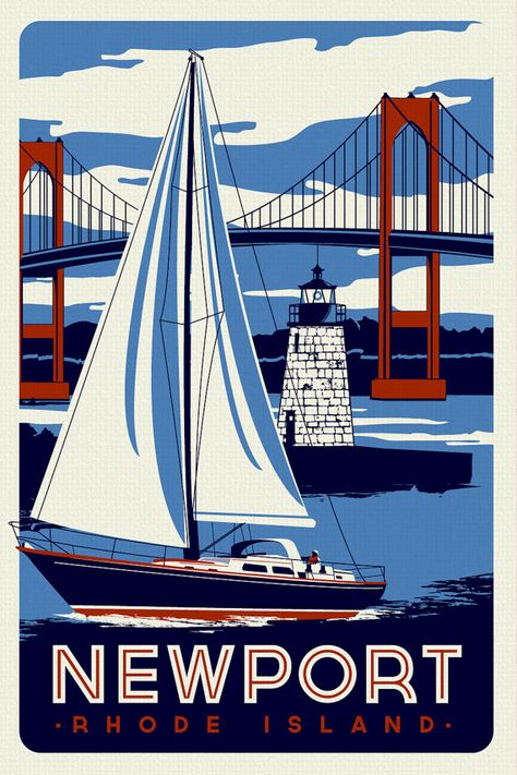 Newport Rhode Island Sailboat Lighthouse Retro Vintage nautical Screen Print poster  - Etsy Canvas Gallery Wall, Screen Print Poster, Block Island, Newport Rhode Island, Newport Ri, Vintage Nautical, Large Poster, Modern Urban, Poster Vintage