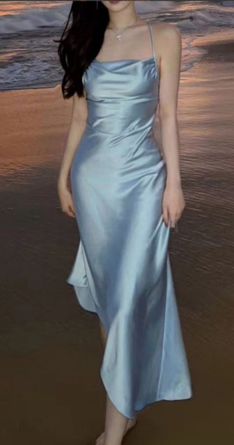 Aesthetic Blue Halter Silk Satin Maxi Dress. https://pradize.com/collection/classy-evening-maxi-dresses-long-formal?menu= Midi Prom Dresses, Light Blue Dress Outfit, Silk Blue Dress, Soft Blue Dress, Slate Blue Dress, Taco Man, Thrift Board, Long Silk Dress, Light Purple Dress