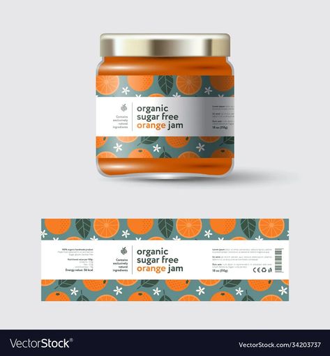 Jam orange label and packaging jar with cap vector image Fun Label Design, Orchard Branding, Tomato Packaging Design, Jar Labels Design, Jar Sticker Design, Jam Jar Packaging, Jam Jar Design, Jam Packaging Design, Jam Label Design