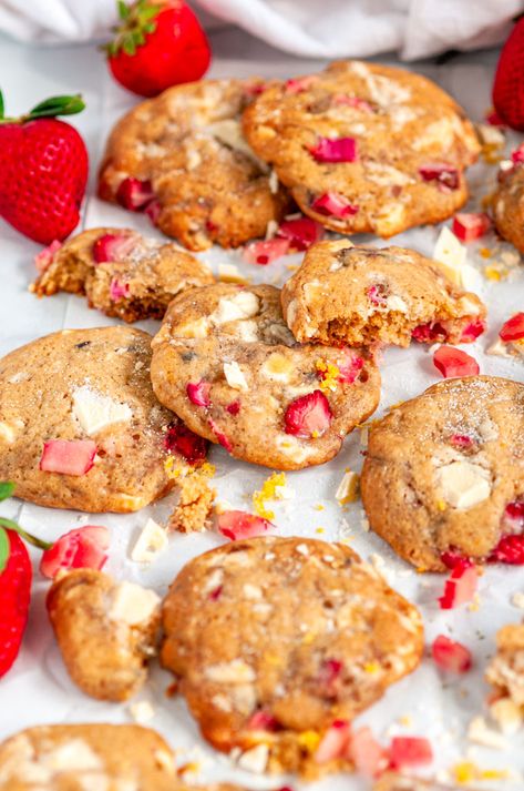 White Chocolate Strawberry Rhubarb Cookies - Soft and chewy spring inspired cookies with fresh rhubarb, strawberries, and white chocolate chunks. From aberdeenskitchen.com #whitechocolate #strawberry #rhubarb #cookies #baking #dessert #spring #recipe Streusel Cookies, Fresh Berries Cake, Cherry Chocolate Chip Cookies, Raspberry White Chocolate Cookies, Rhubarb Cookies, Rhubarb Desserts, White Chocolate Strawberries, Cherry Chocolate, White Chocolate Cookies