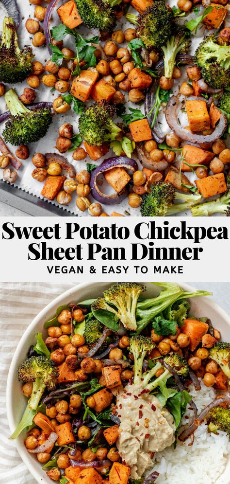 Broccoli Roasted, Potato Chickpea, Vegan Chickpea, Sheet Pan Dinners Recipes, Vegetarian Dinners, Think Food, Sheet Pan Dinners, Spices And Herbs, Sheet Pan Recipes