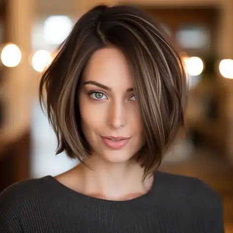 Dark Brown Hair With Blonde Highlights, Brown Bob Hair, Short Dark Brown Hair, Short Hair Highlights, Short Dark Hair, Short Brown Hair, Chin Length Hair, Dark Hair With Highlights, Brown Hair With Blonde Highlights